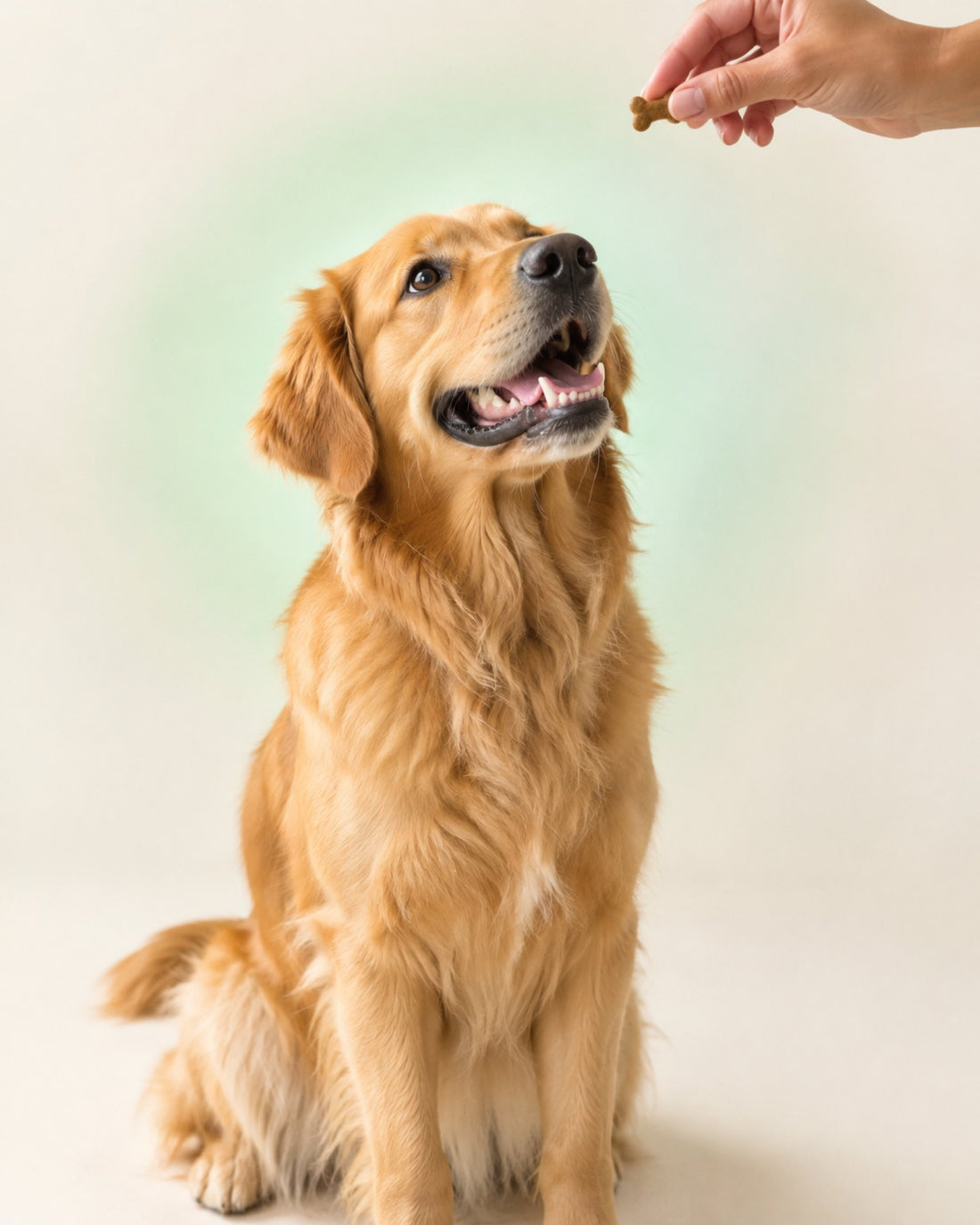 Golden retriever joyeux qui reçoit une friandise