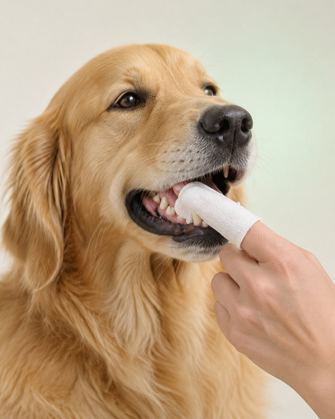 Lingette doigtier utilisée sur les dents d’un chien