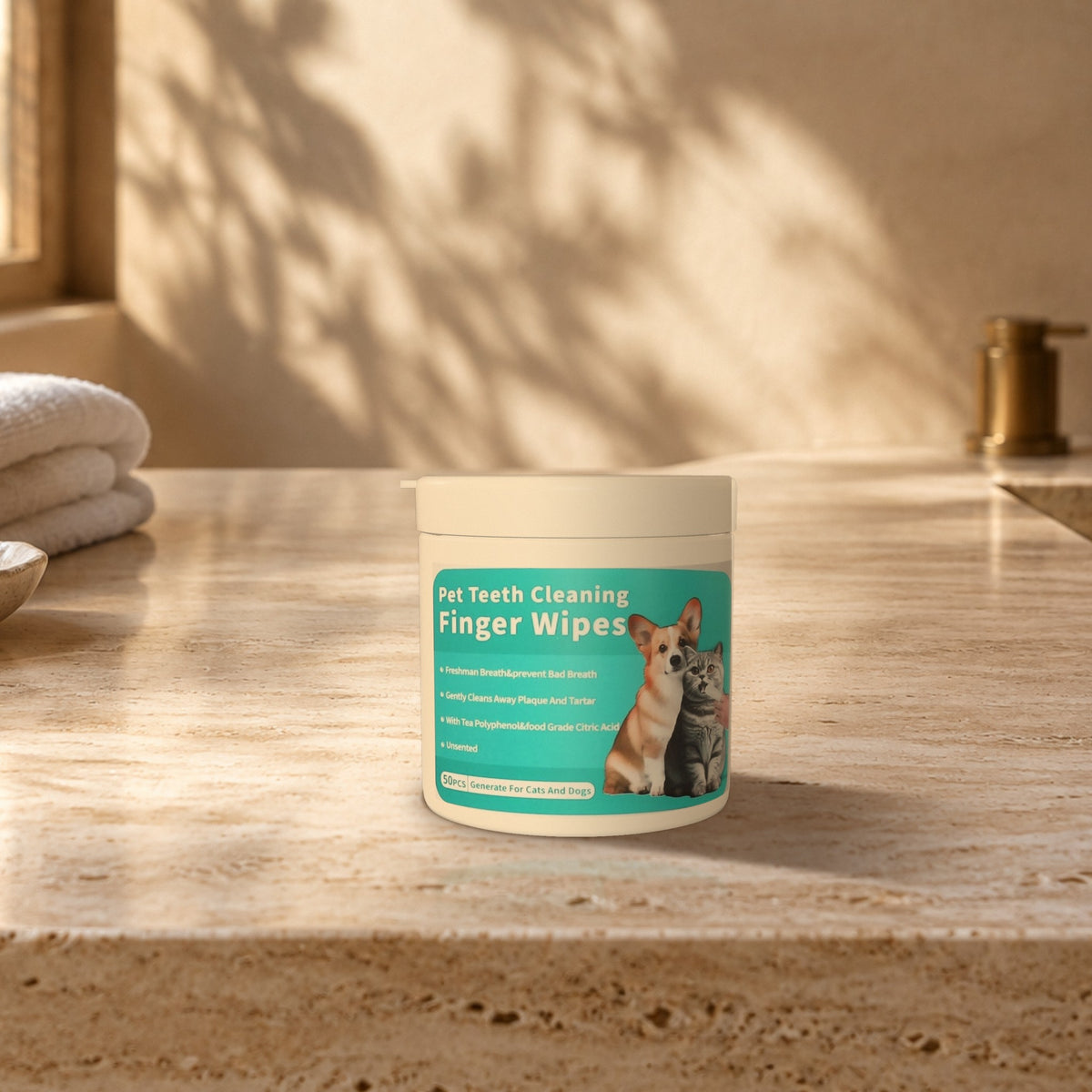 Pot DogSmile de 50 lingettes dentaires doigtier dans une salle de bain baignée de soleil