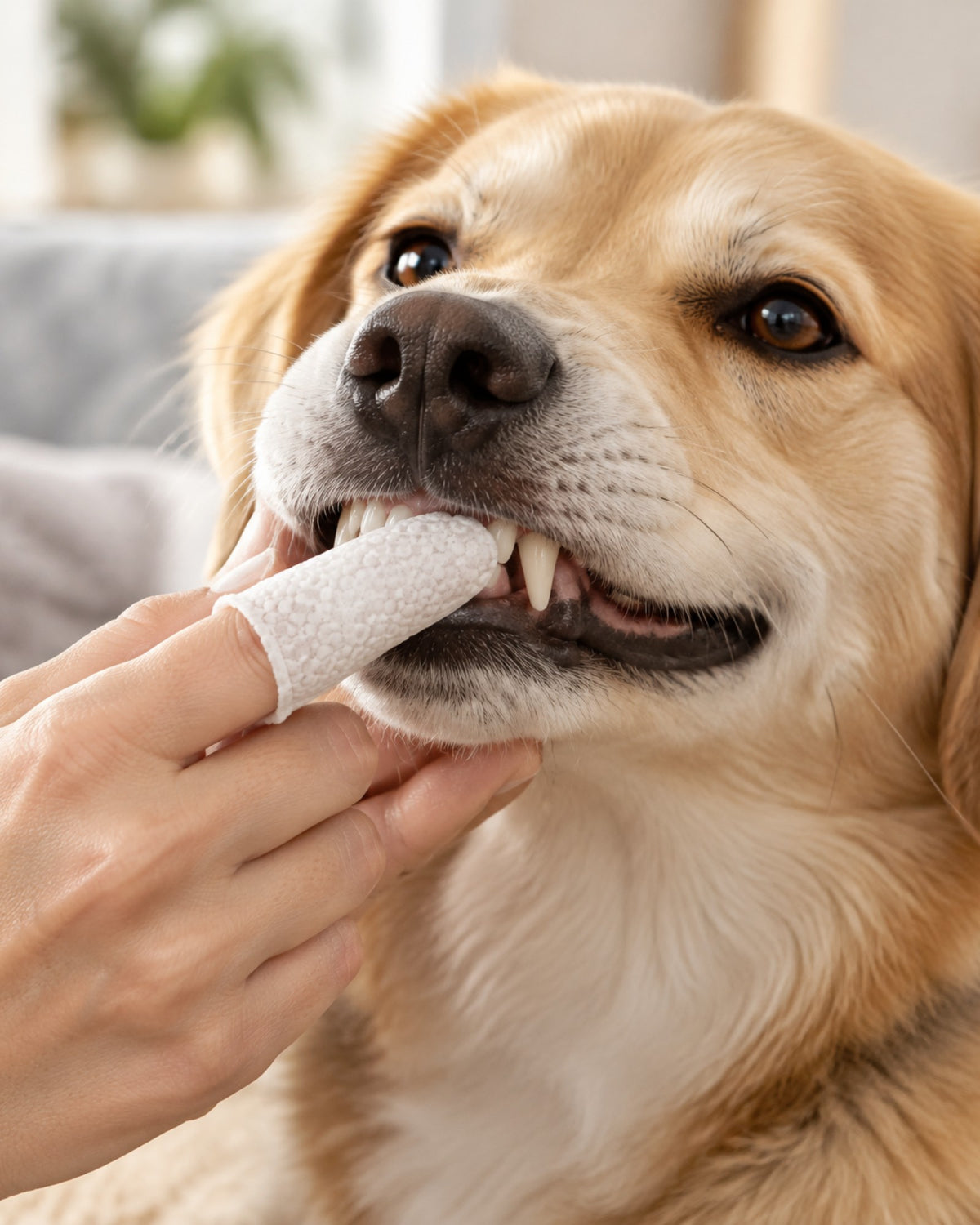 Lingette doigtier utilisée sur les dents d'un chien
