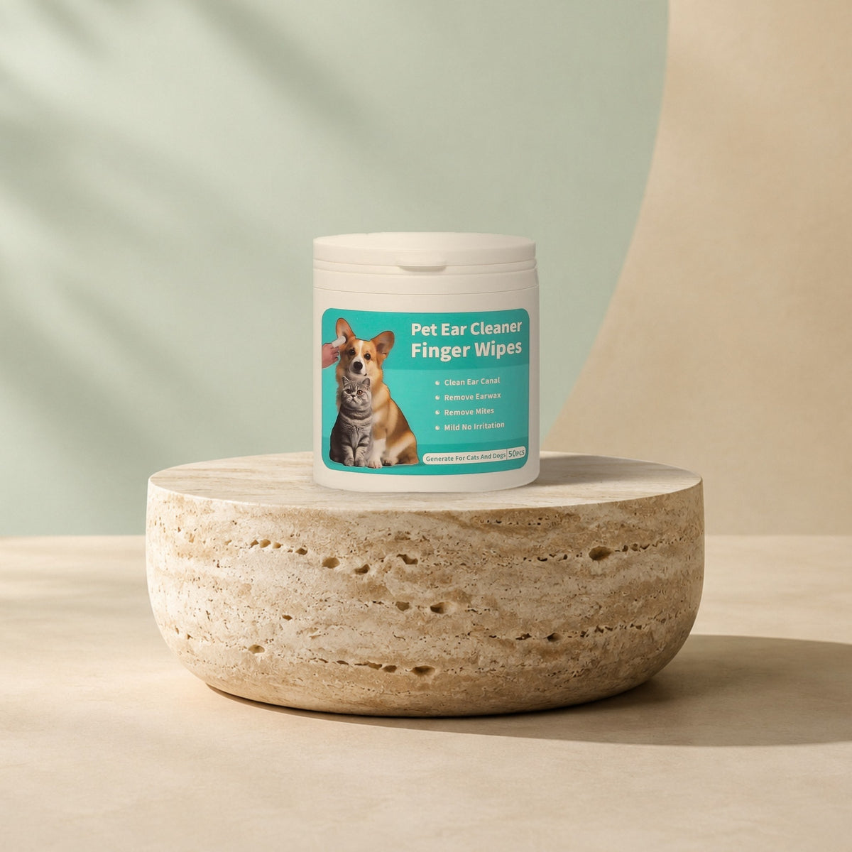 Pot de 50 lingettes oreilles doigtier sur un socle en travertin