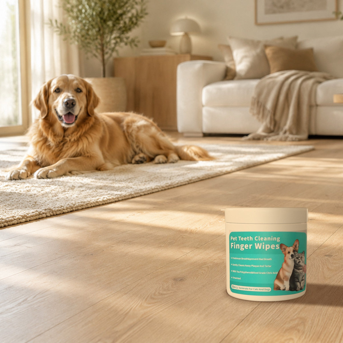 Pot DogSmile au premier plan, un golden retriever allongé dans le salon